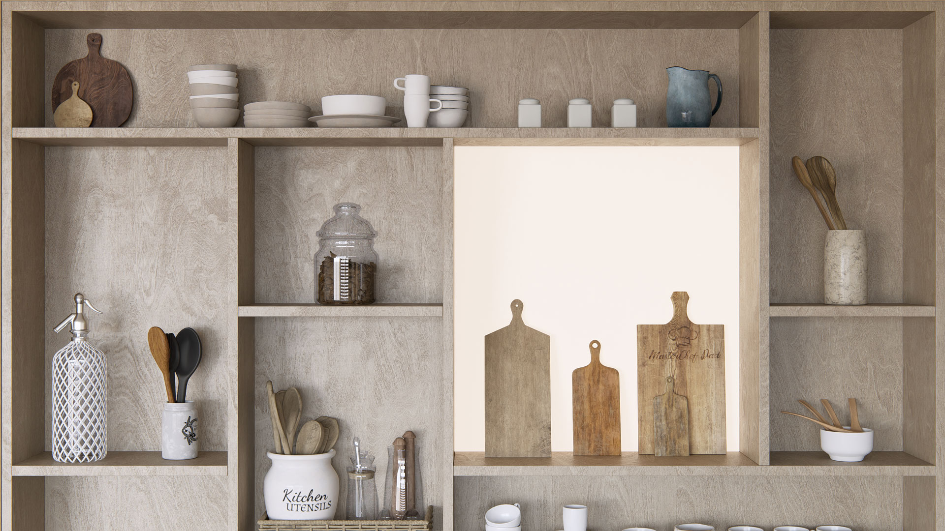 Die neuen Küchenobjekte sind aus einer Vielzahl von Materialien (Glas, Porzellan, Keramik, Holz und Metall) gefertigt und bieten Ihnen mehr Möglichkeiten, verschiedene Stile und Ästhetiken zu kombinieren und zu kontrastieren. Weiche Schatten