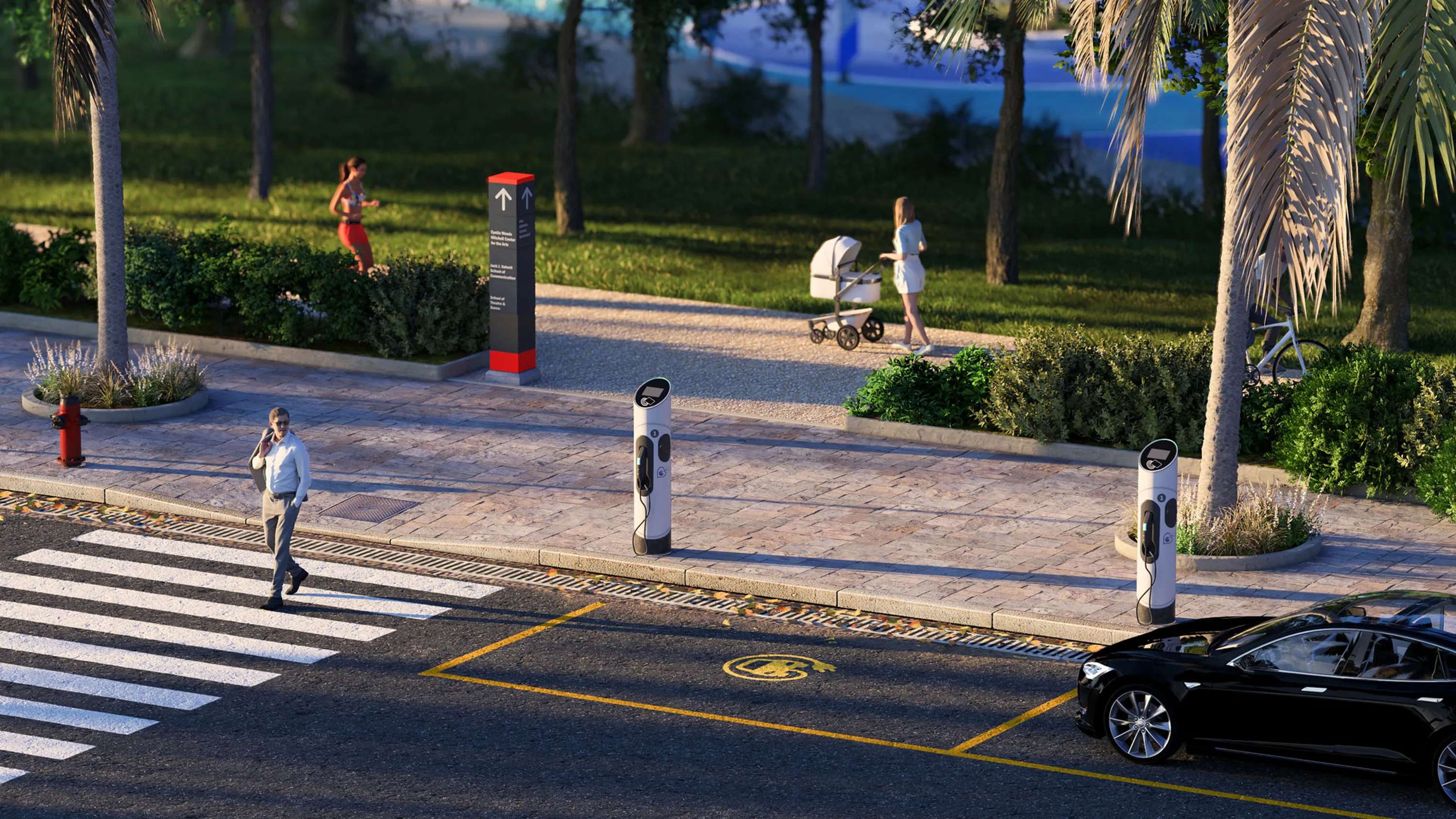 Erforschen Sie neue elektrische Ladestationen für eine nachhaltige städtische Infrastruktur und umweltfreundliche Stadtbilder. Weiche Schatten