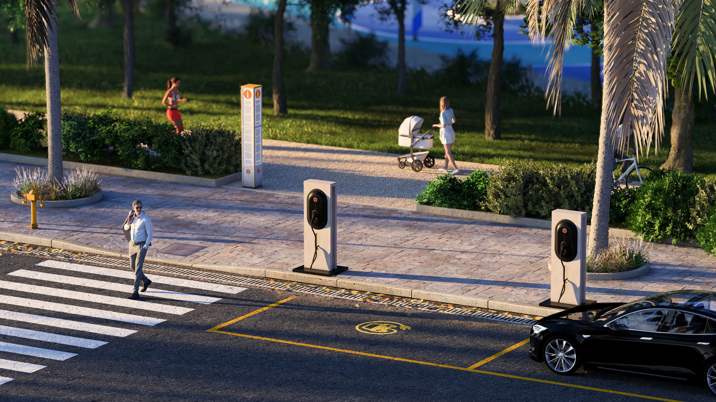 Erforschen Sie neue elektrische Ladestationen für eine nachhaltige städtische Infrastruktur und umweltfreundliche Stadtbilder. Weiche Schatten
