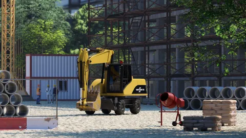 Demonstrieren Sie die Stadtentwicklung mit Bulldozern, Kränen, Baumaterialien und vielem mehr. Weiche Schatten