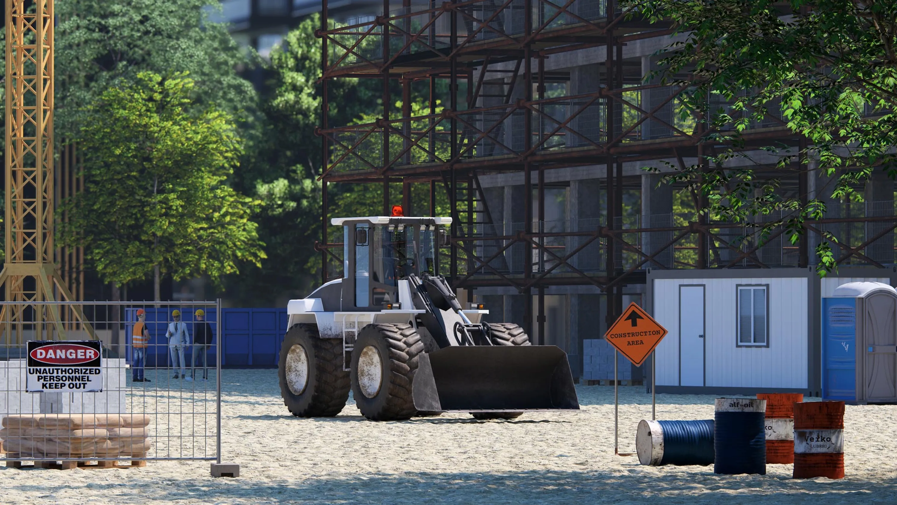 Demonstrieren Sie die Stadtentwicklung mit Bulldozern, Kränen, Baumaterialien und vielem mehr. Weiche Schatten