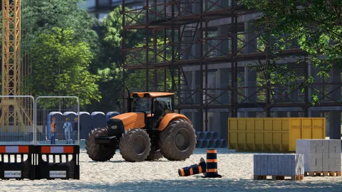 Demonstrieren Sie die Stadtentwicklung mit Bulldozern, Kränen, Baumaterialien und vielem mehr. Weiche Schatten