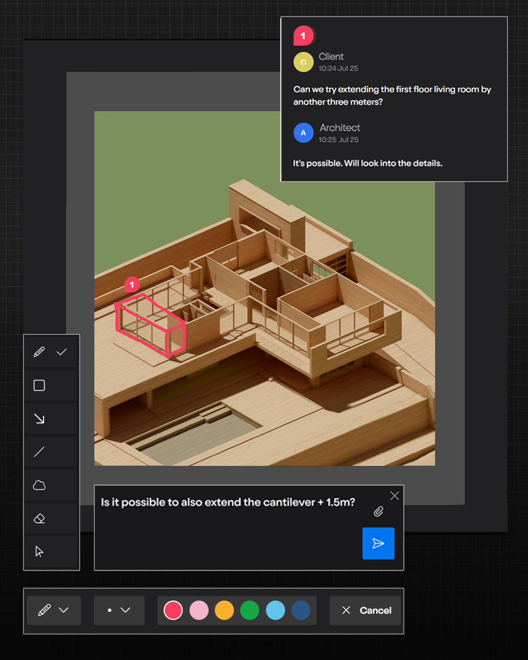 Architekturmodell mit markiertem Bereich; Kommentar-Thread (Client/Architect) und Eingabefeld für Feedback.