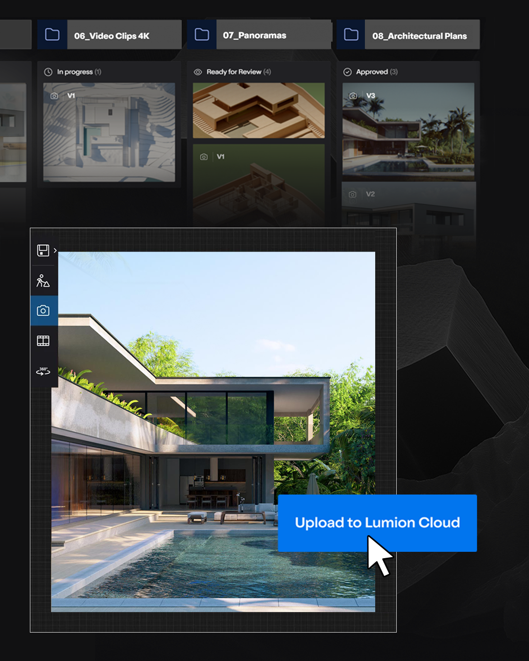 UI mit Projektordnern und großem Haus-Render; blauer Button „Upload to Lumion Cloud“ mit Cursor