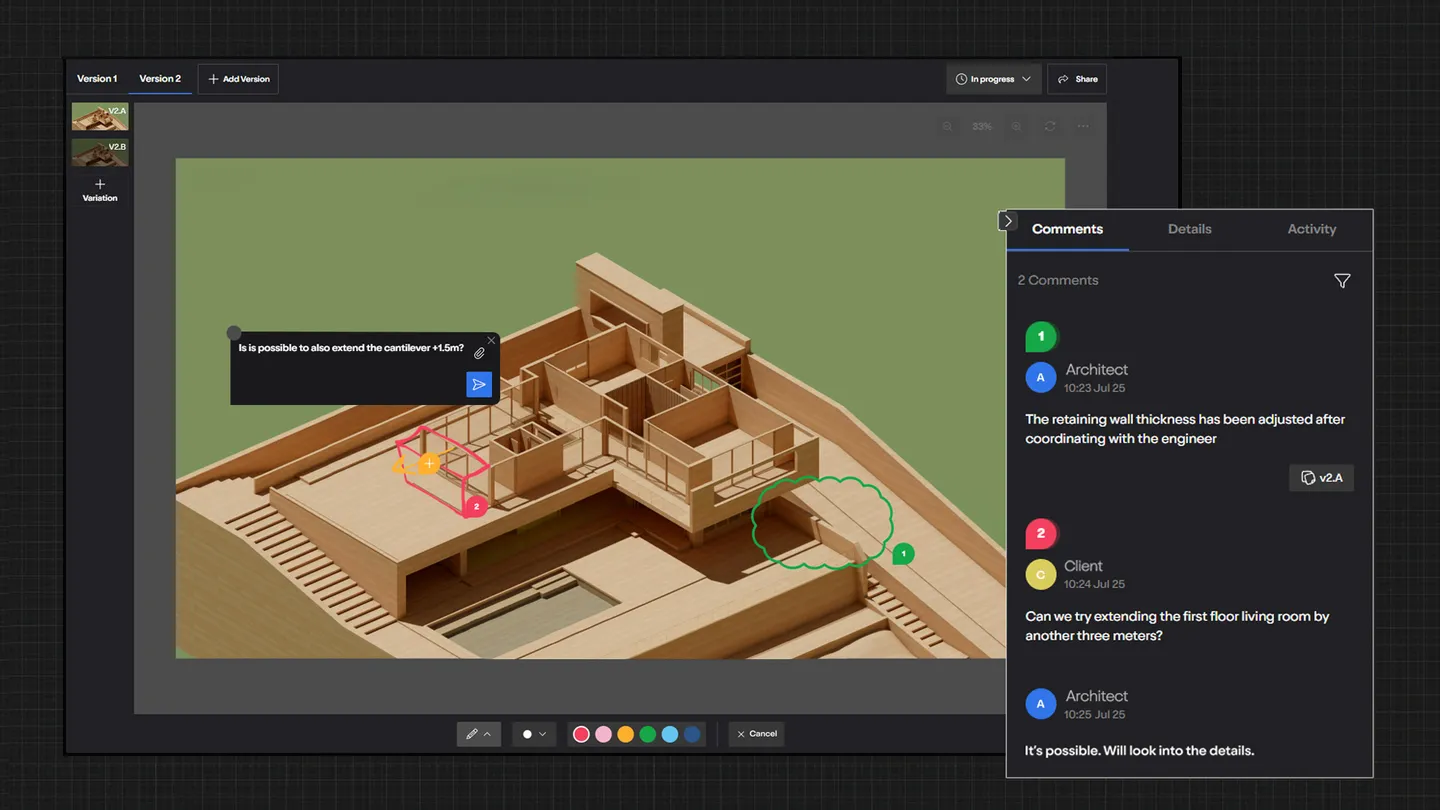 Ansicht eines Architekturprojekts in Lumion Cloud mit eingeblendetem Kundenfeedback.