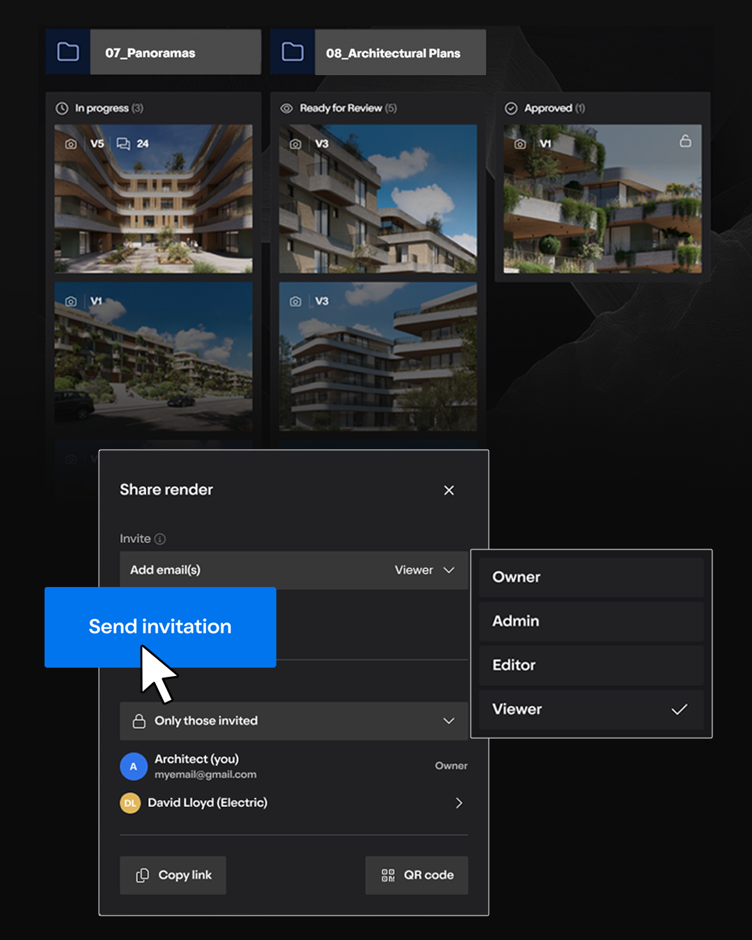 Dialog „Share render“ mit E-Mail-Eingabe und Rollen (Owner/Admin/Editor/Viewer); Button „Send invitation“