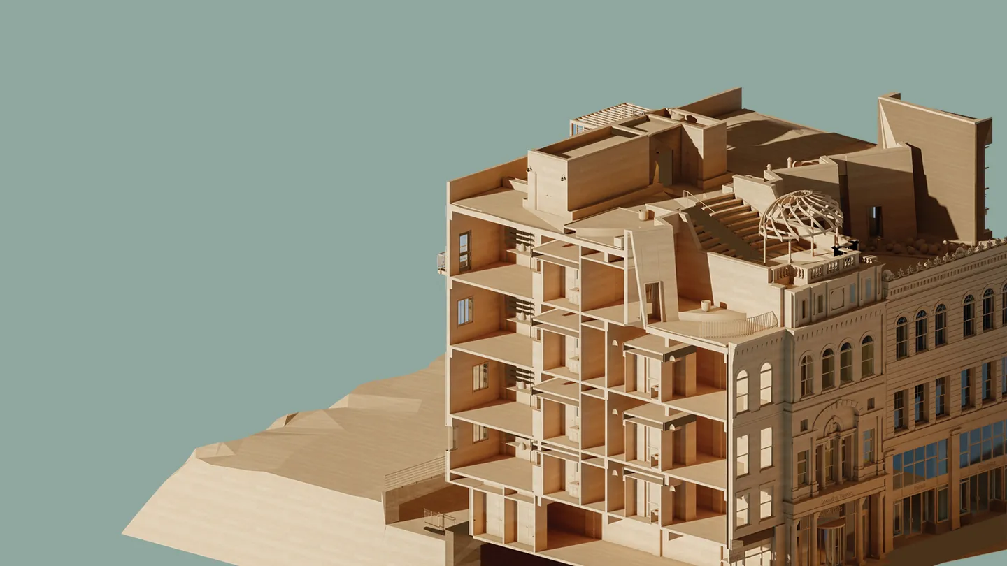 Modell einer Stadt mit einem detaillierten Gebäude