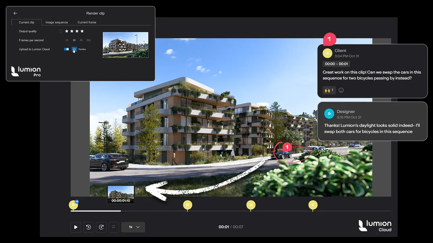 Aus Lumion Pro in die Lumion Cloud hochgeladenes Video mit Kommentaren von Kunde und Designer