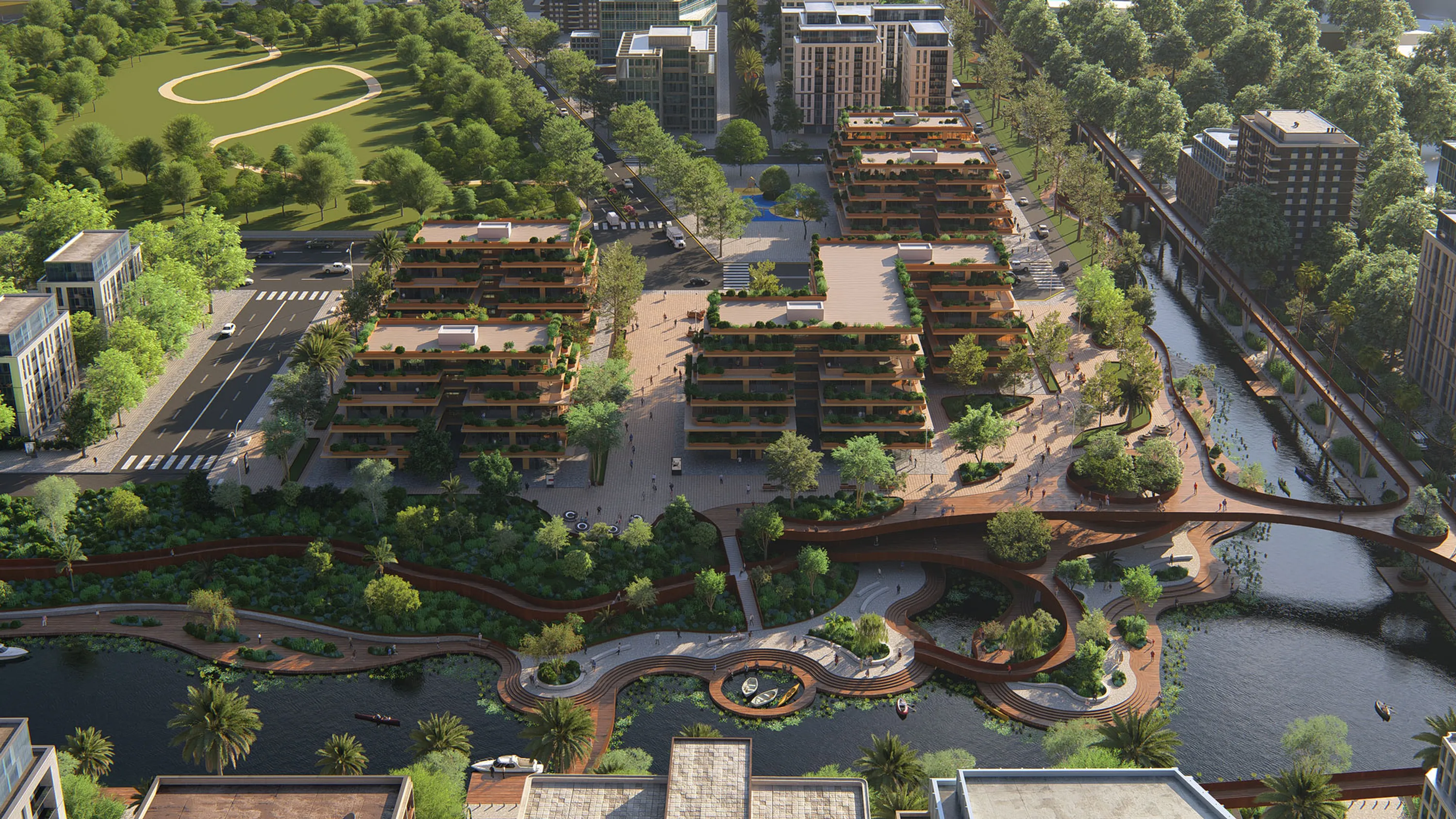 Luftaufnahme eines Mehrfamilienwohnprojekts, frontale Ansicht