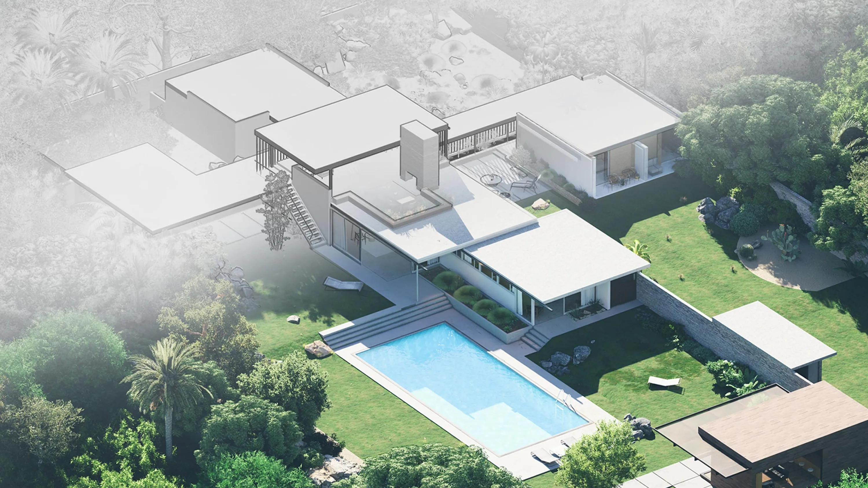 Rendering eines modernen Hauses in einer axonometrischen Ansicht, erstellt mit Lumion